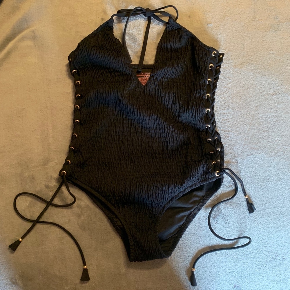 RARE Victoria's Secret Swim Black One Piece Side Tie Lace Up Smocked - Picture 2 of 16